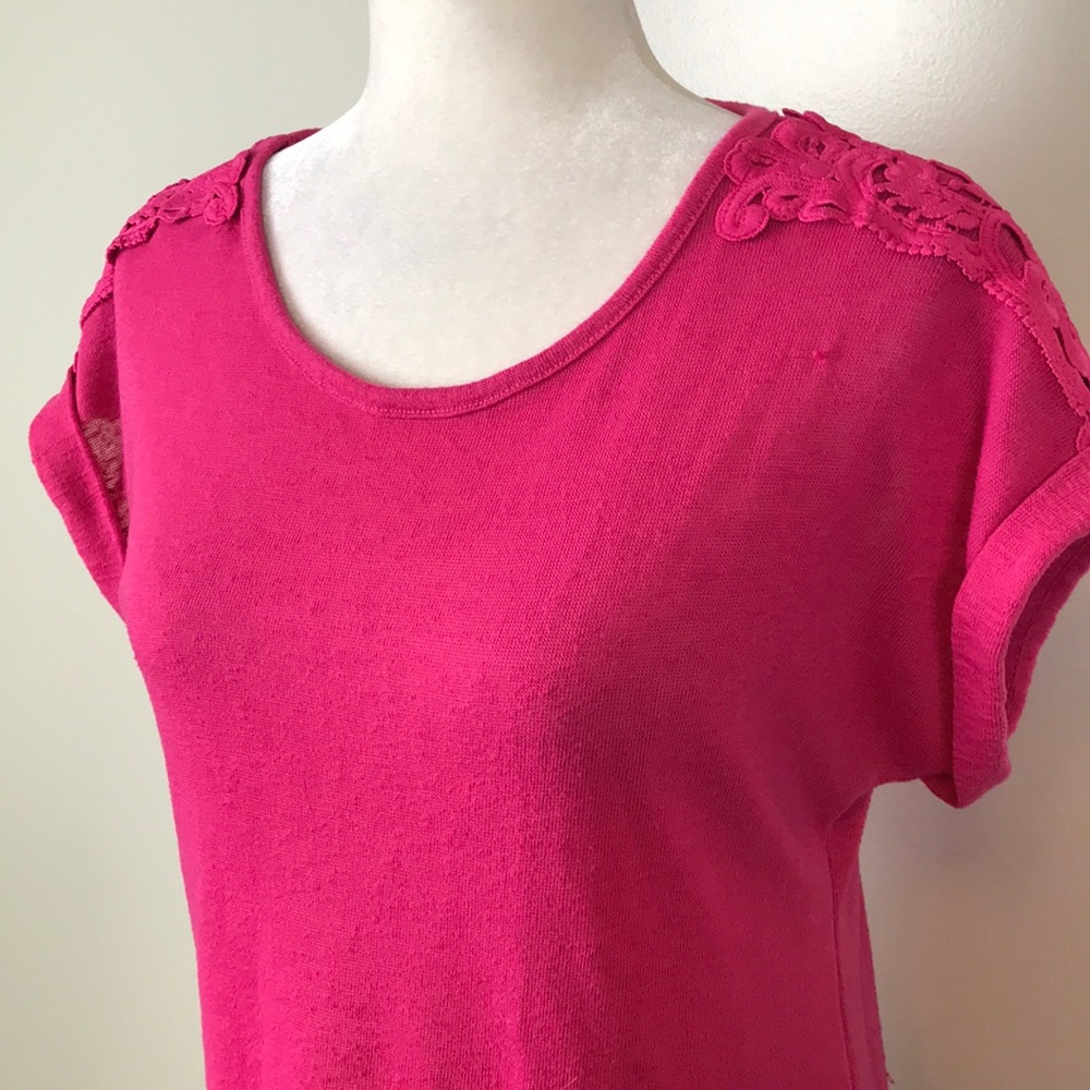 SHANA Hot Pink Lace Top Accent Rolled Sleeve Shirt
